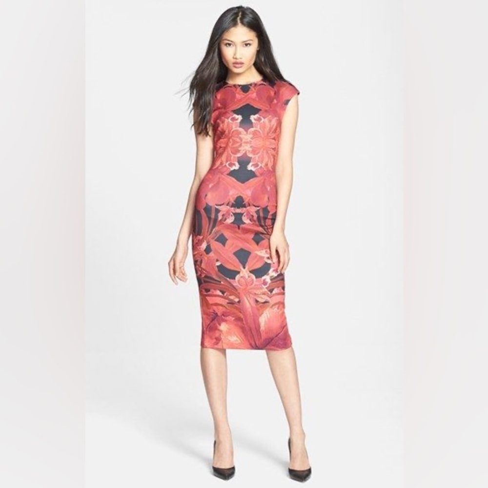 Ted Baker Jungle Orchid Floral Bodycon Midi Dress Red Black Size 0 NWT
